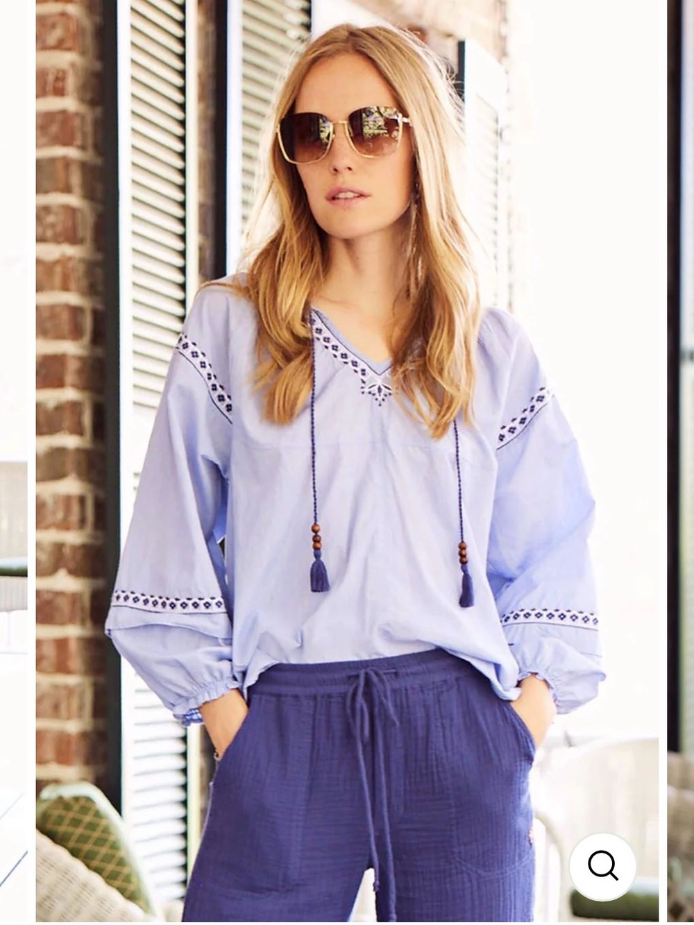 Hartley Naomi Vista Blue Embroidered Peasant Blouse sz Med